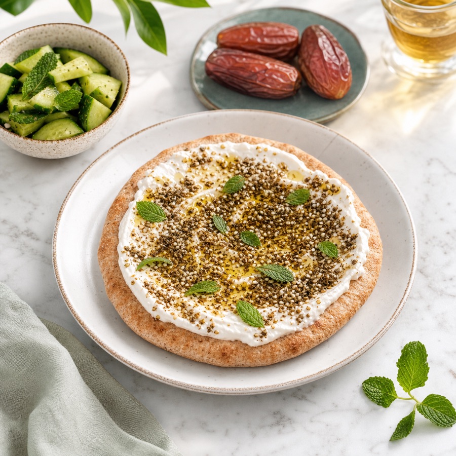 Labneh flatbread with zaatar, cucumber and fresh mint