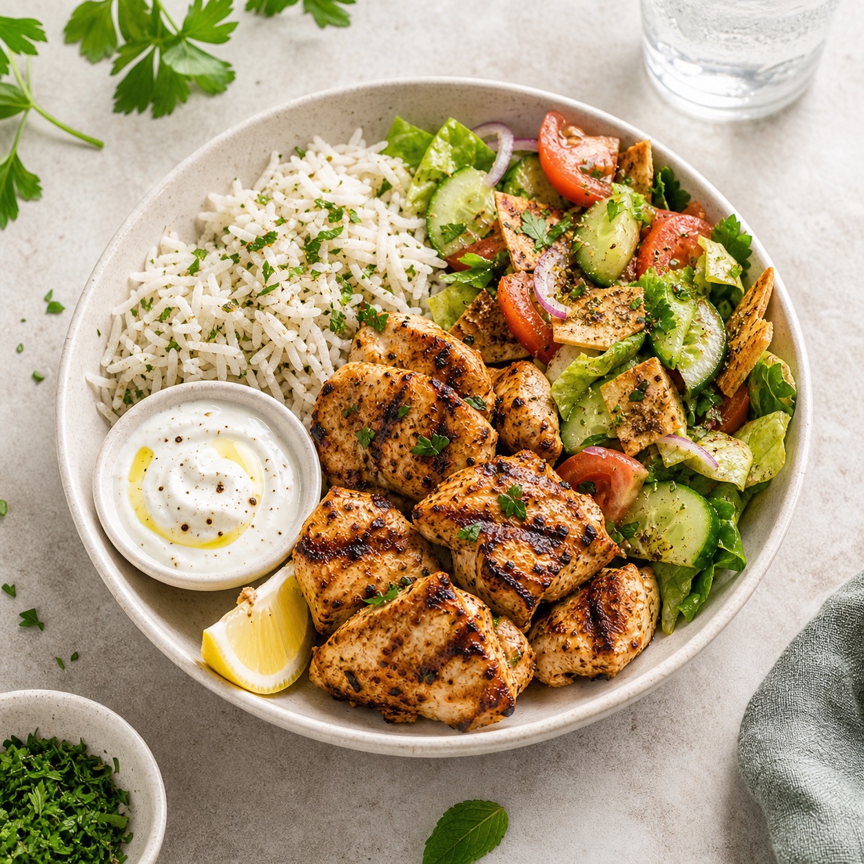 A fresh chicken tawook bowl with rice and salad