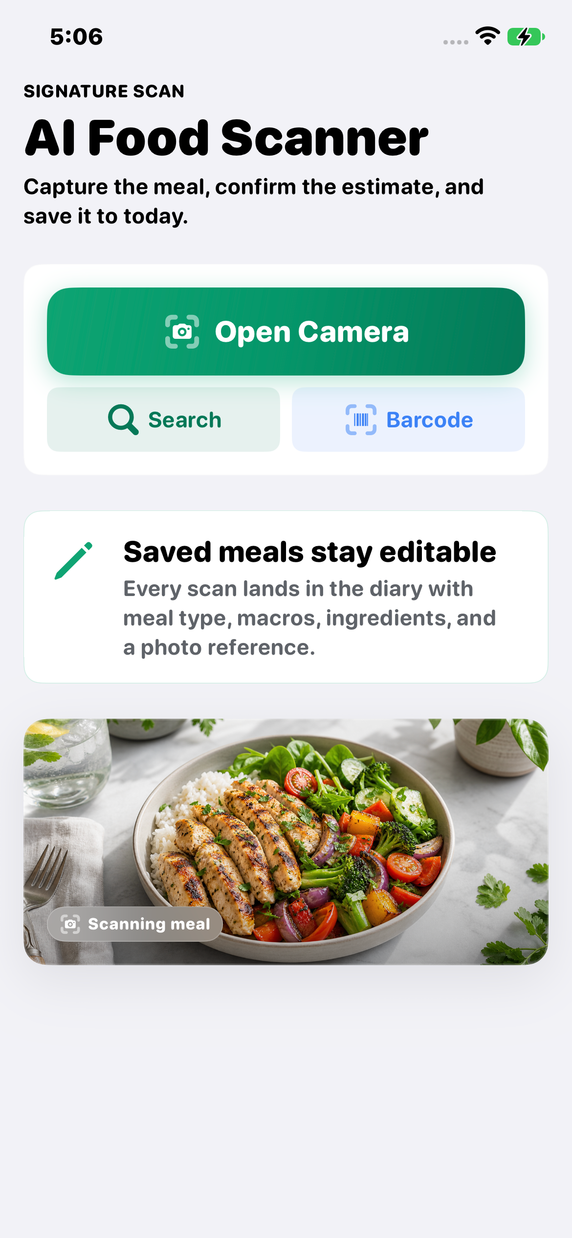 Real iPhone screen showing the app’s meal capture options