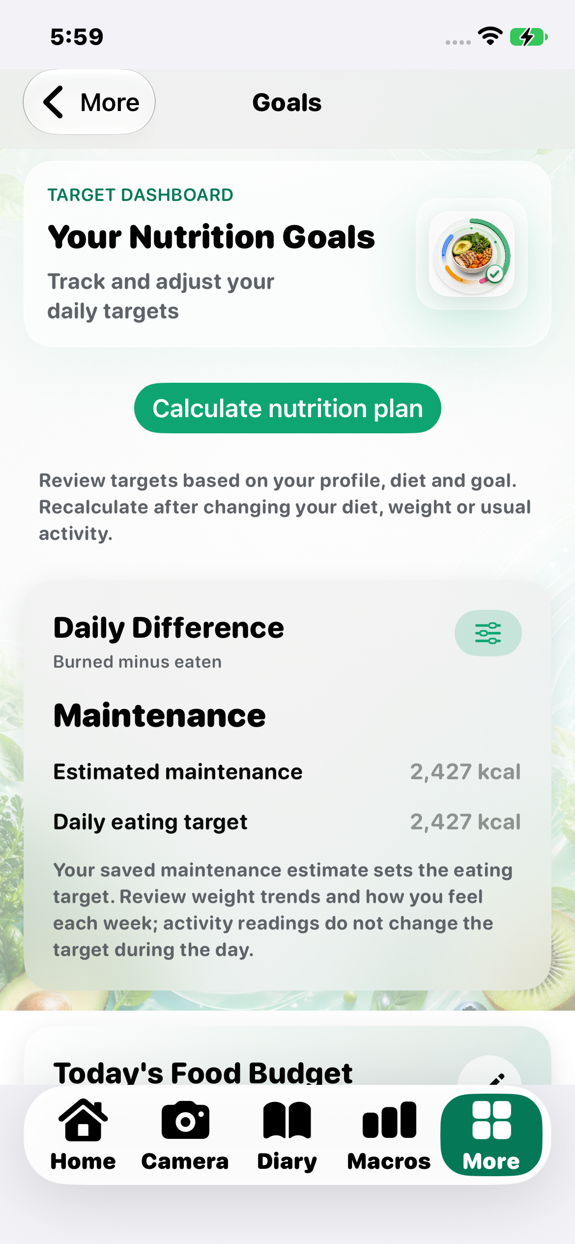 Actual TestFlight nutrition goals on iPhone